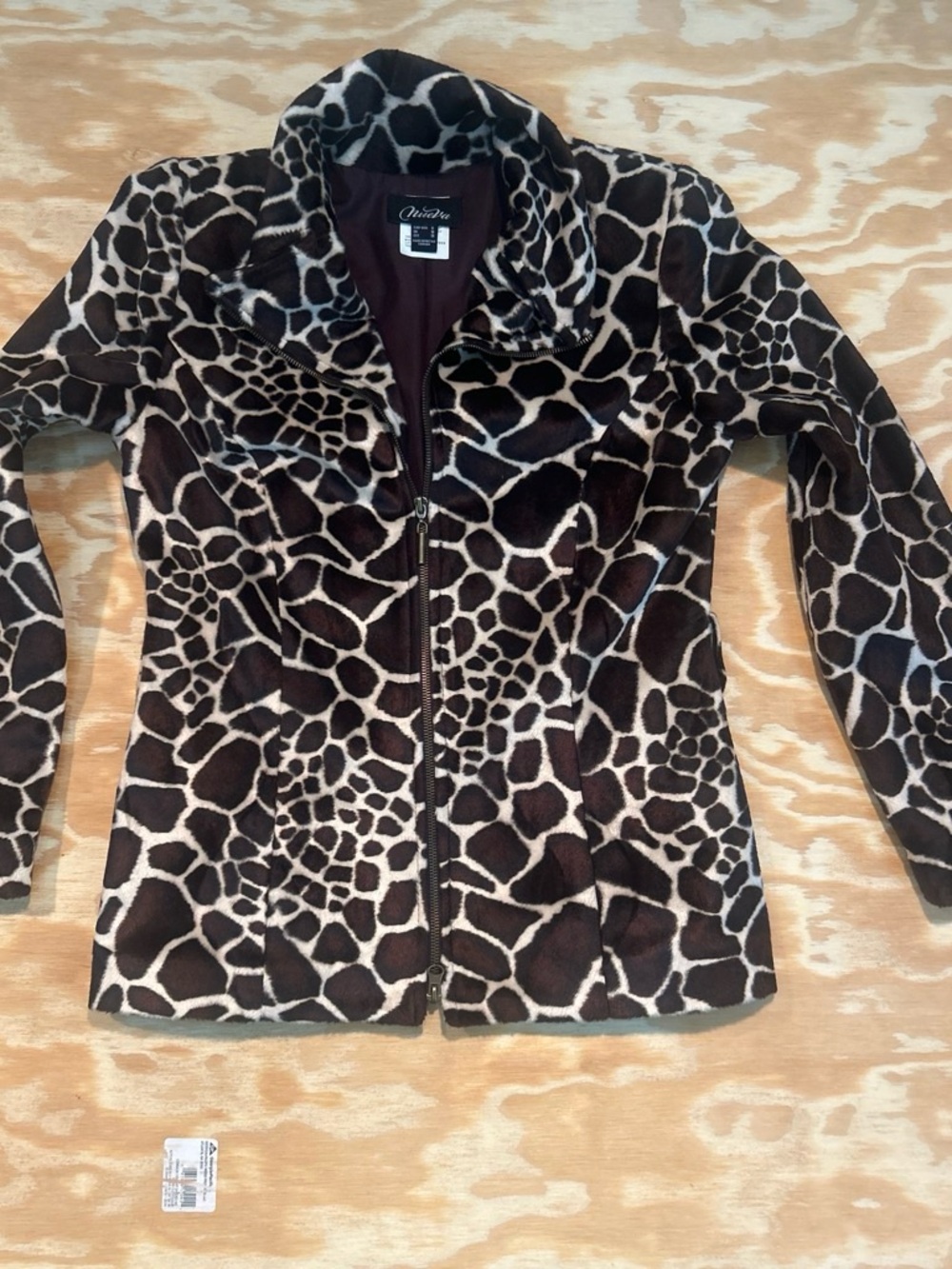 Faux Fur Giraffe Print Zip Up Jacket Size 8